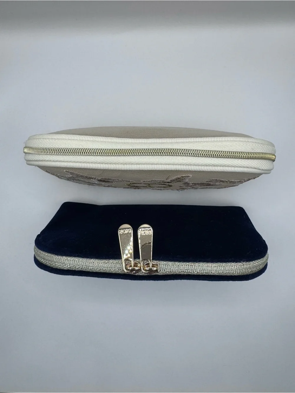 Dior Beige Embroidered Floral & Navy Blue Velvet Cosmetic Pouches
